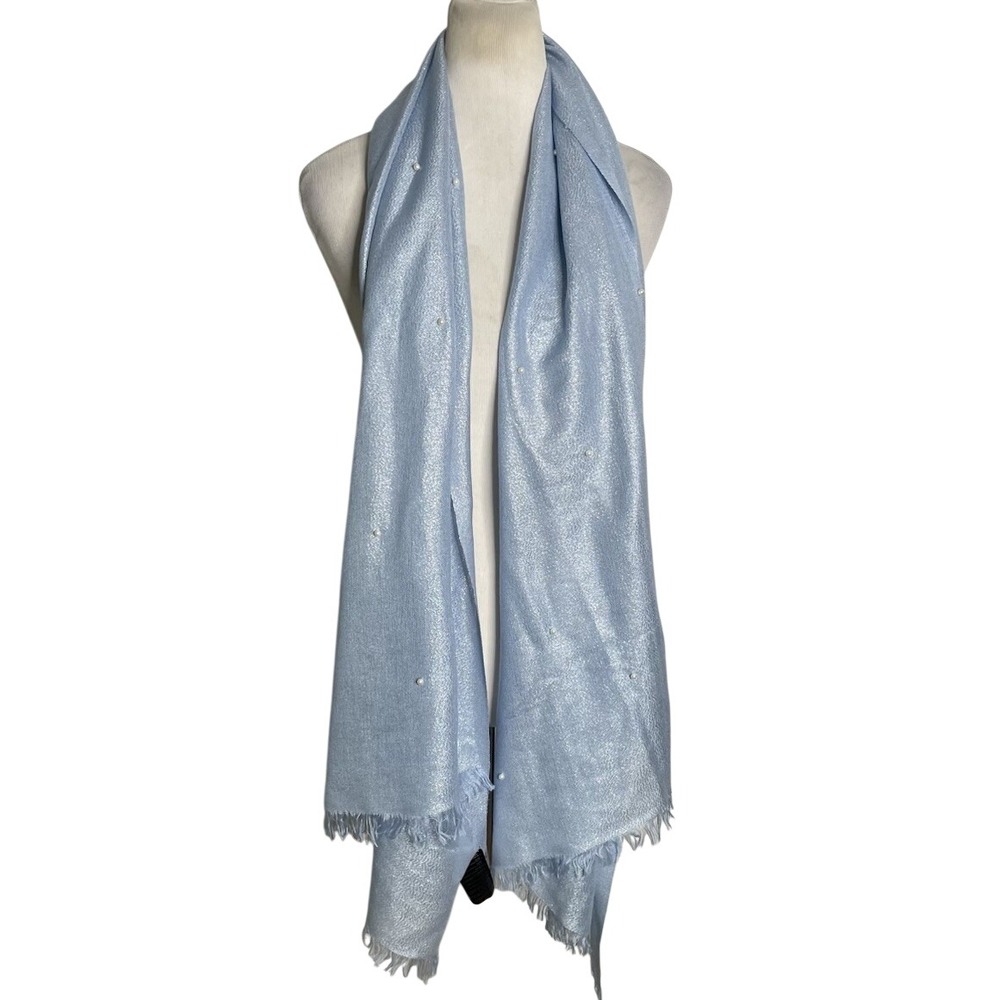NWT Pia Rossini Blue Silver Sparkle Pearls Embellished Scarf 29 X 77